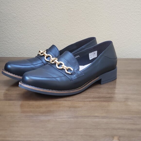 Black Loafers with Gold Chain Detail and Low Heel - Picture 2 of 8